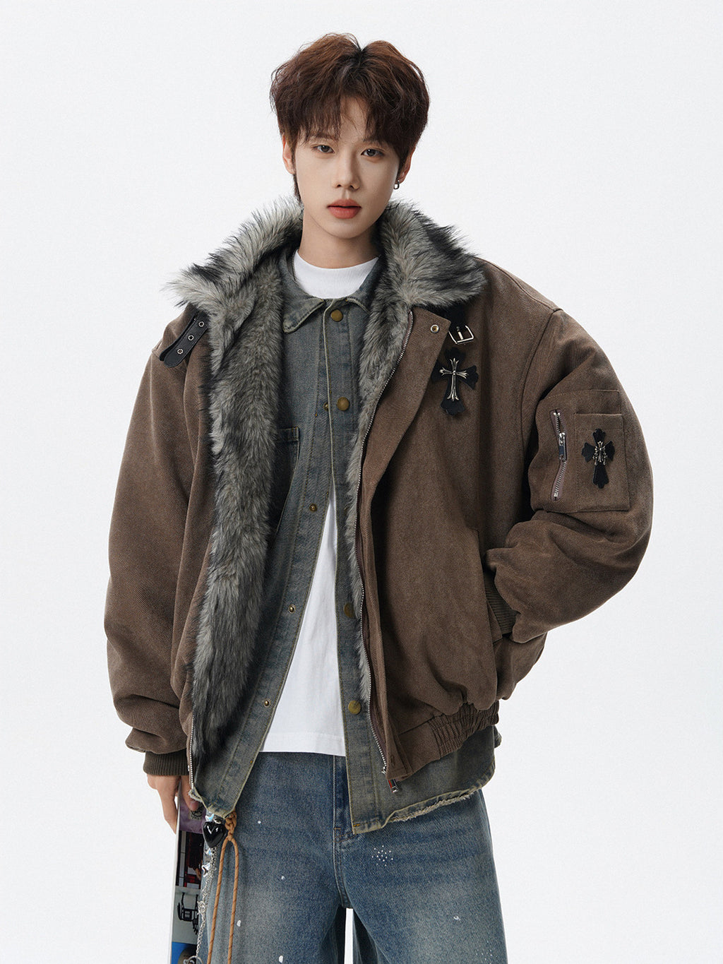 American Retro Soaring Eagle Fur Collar Fleece Lined Puffer Jacket [DROP3-007]