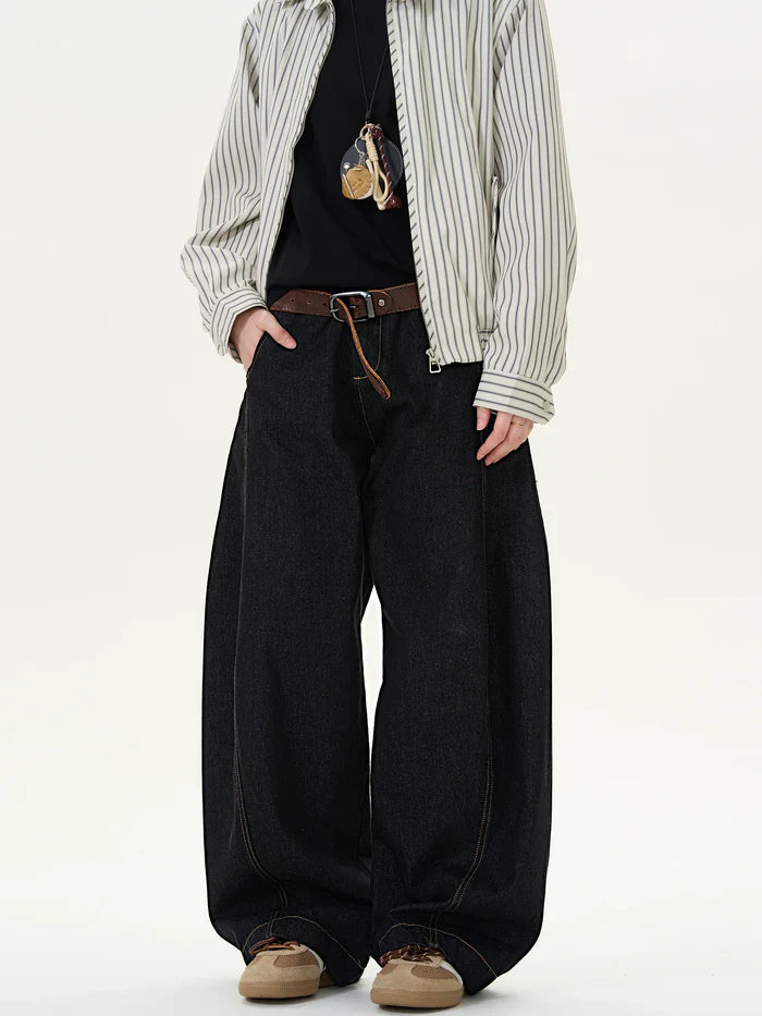 Unisex Vintage Black Denim Scimitar-Cut Wide-Leg Pants [DROP2-008]