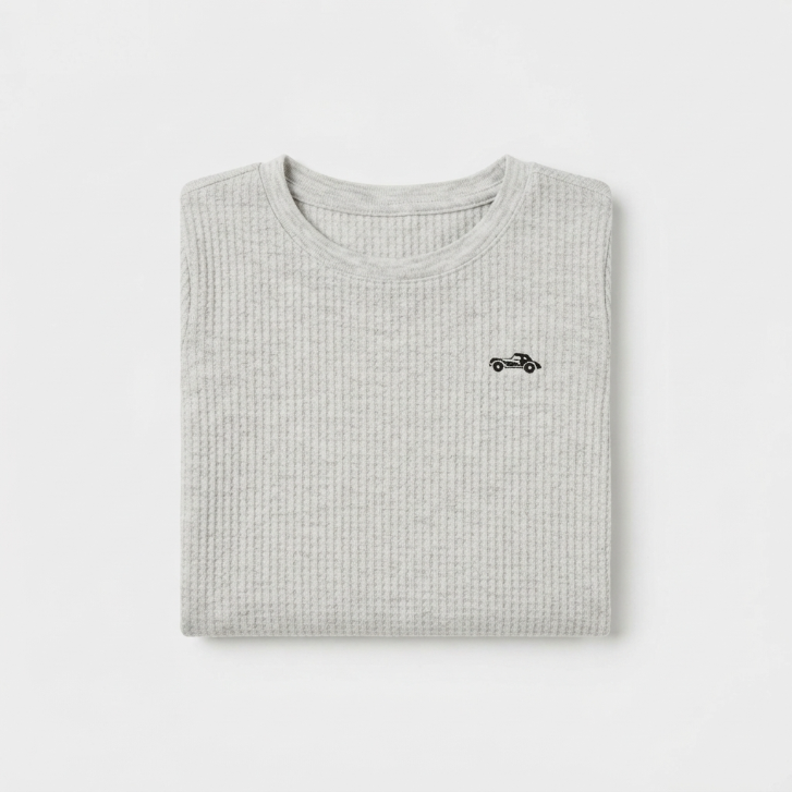 [WHOLESALE ONLY - CONTACT TO ORDER] Toddler Boys Heather Grey Waffle Knit Long-Sleeve Thermal T-Shirt - Car Embroidered Cotton Base Layer (Do Not Order Directly)