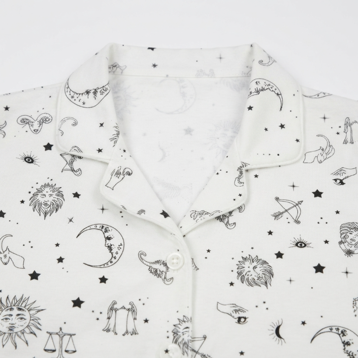 [WHOLESALE ONLY - CONTACT TO ORDER] Women's Celestial Zodiac Print Pajama Set 2-Piece Short Sleeve Notch Collar Top and Pants - Do Not Buy Direct