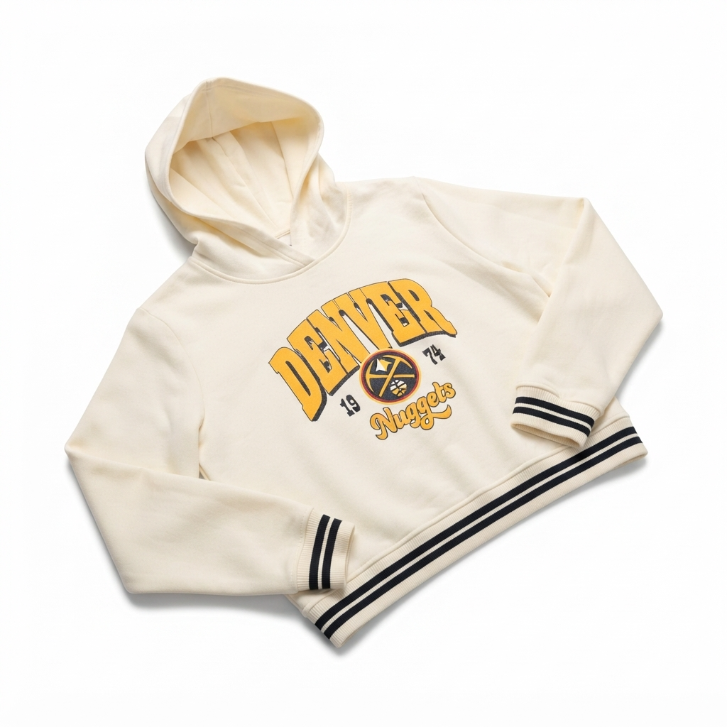 [WHOLESALE ONLY - CONTACT TO ORDER] NBA Denver Nuggets Vintage Varsity Cropped Fleece Hoodie Cream Striped Rib Pullover - Do Not Buy Direct