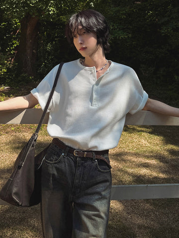 Men’s Henley T-Shirt, Loose Fit Short Sleeve Tee, Summer Casual Top, Korean Style Minimalist Everyday Wear[NA-018]