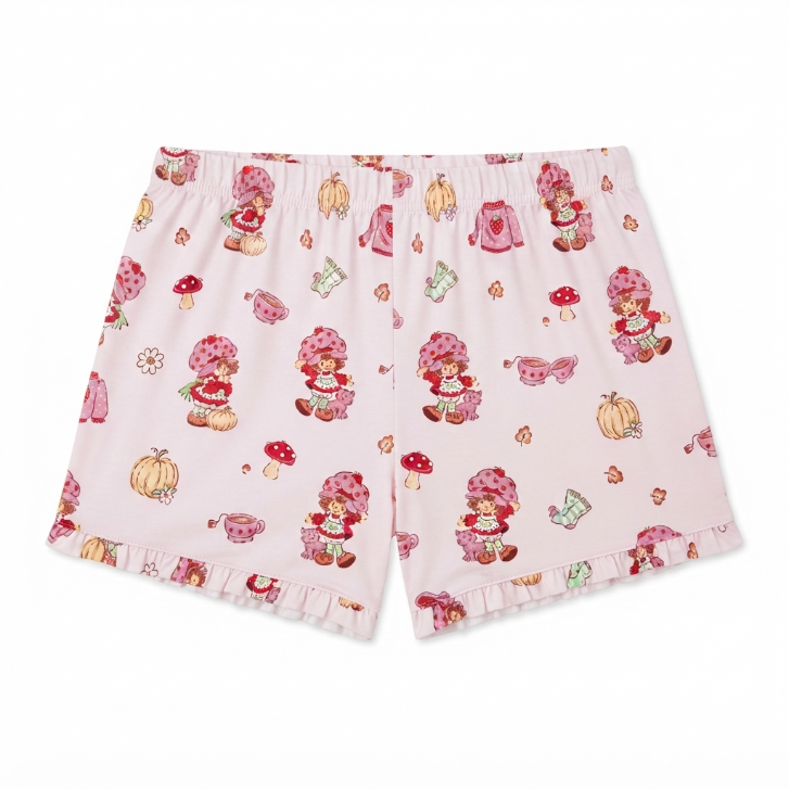 [WHOLESALE ONLY - CONTACT TO ORDER] Women's Strawberry Shortcake Fall Harvest Pajama Set 2-Piece Ruffle Trim Button-Down Top and Shorts Pink - Do Not Buy Direct