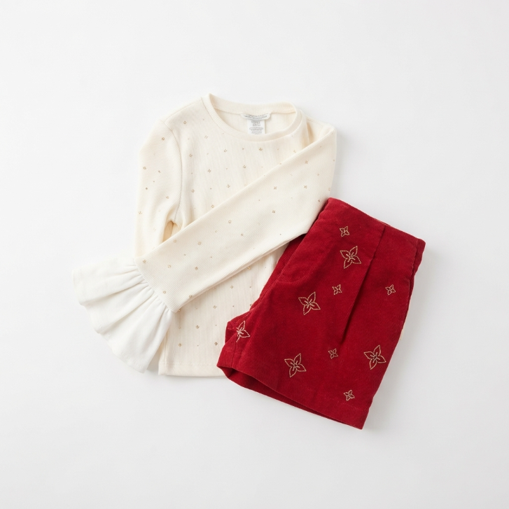 [WHOLESALE ONLY - CONTACT TO ORDER] Toddler & Girls Holiday 2-Piece Rhinestone Ribbed Knit Top & Red Velvet Shorts Set - Catalog Display Only (Do Not Order Directly)