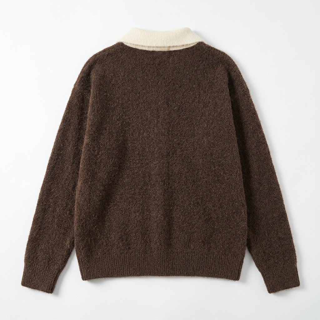 [WHOLESALE ONLY - CONTACT TO ORDER] Women's Retro Whimsical Cat Intarsia Fuzzy Knit Polo Sweater with Contrast Fleece Collar (Rich Espresso Cocoa Brown) [AW-214]
