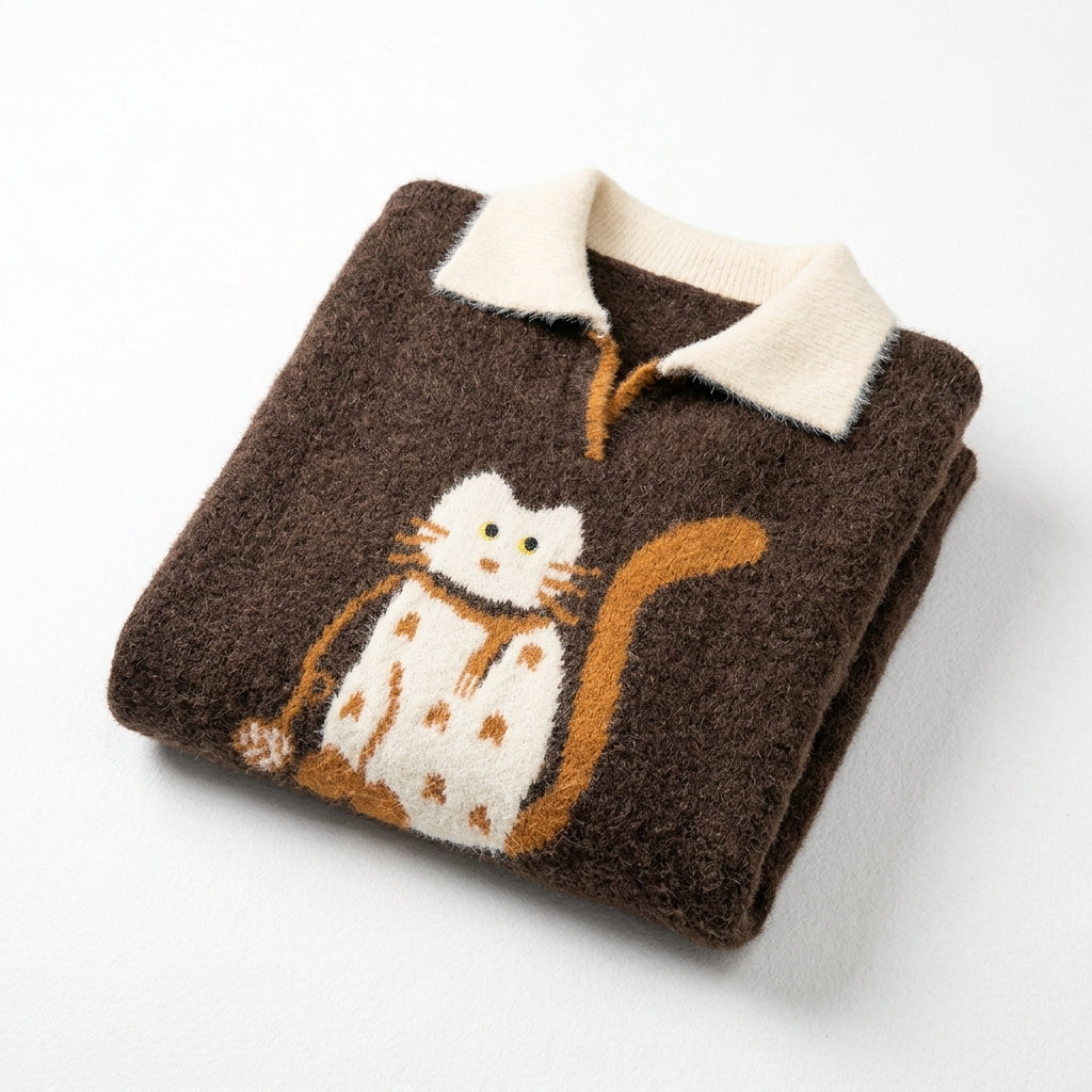 [WHOLESALE ONLY - CONTACT TO ORDER] Women's Retro Whimsical Cat Intarsia Fuzzy Knit Polo Sweater with Contrast Fleece Collar (Rich Espresso Cocoa Brown) [AW-214]