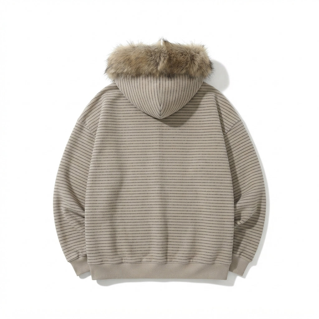[WHOLESALE ONLY - CONTACT TO ORDER] Unisex Heavyweight 420GSM Yarn-Dyed Striped Fleece Zip-Up Hoodie with Faux Fur Trim Hood (Vintage Heather Oat & Charcoal) [AW-120]