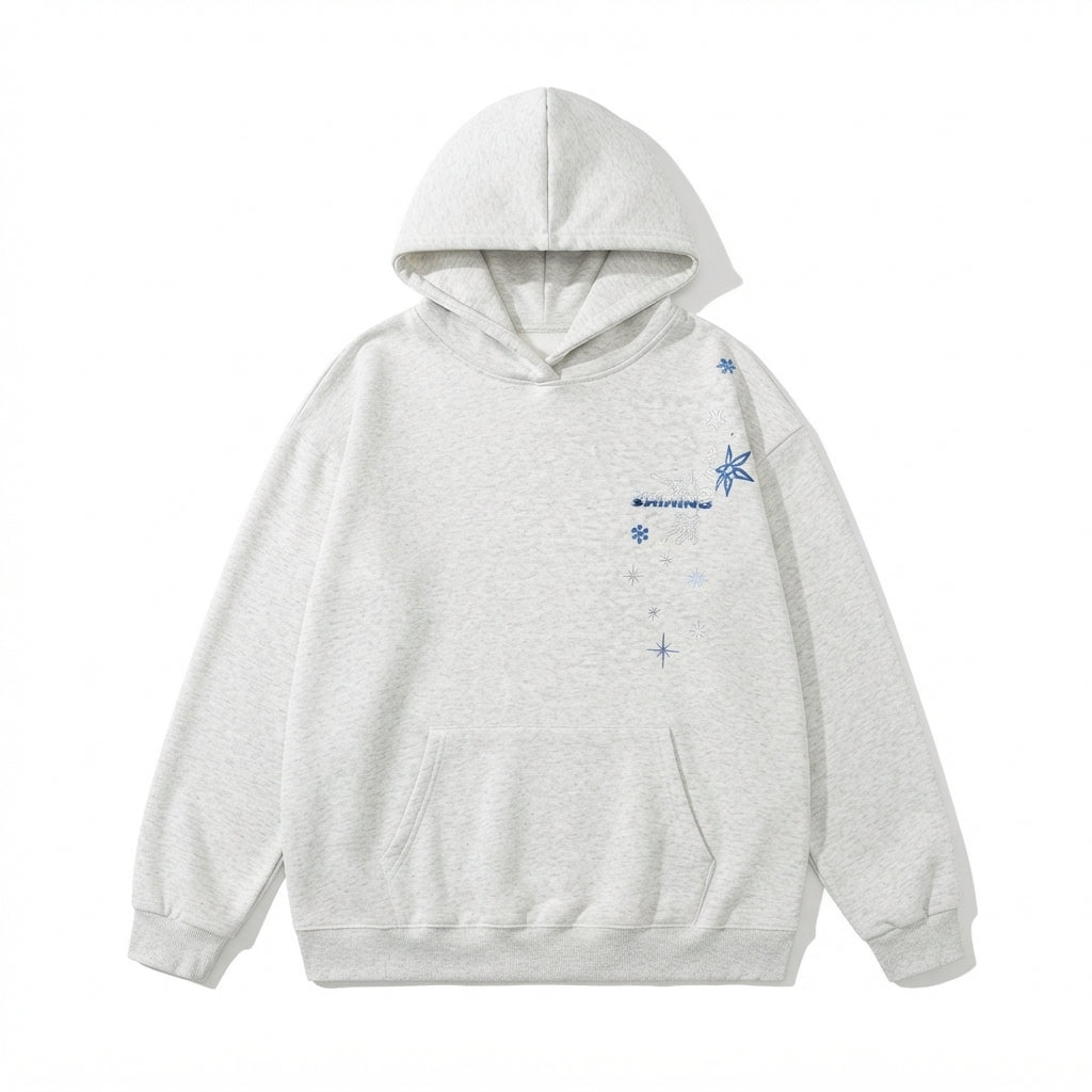 [WHOLESALE ONLY - CONTACT TO ORDER] Unisex Heavyweight 380GSM 85% Combed Cotton Fleece Snowflake & Star Embroidered Pullover Hoodie (Heather Light Grey) [AW-117]