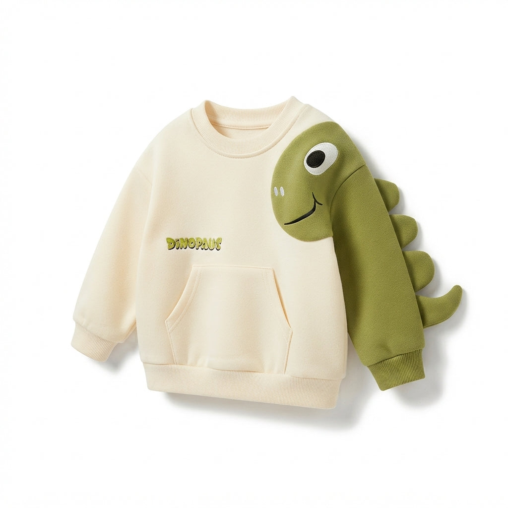 [WHOLESALE ONLY - CONTACT TO ORDER] Toddler Boys 3D Dinosaur Sleeve Fleece Pullover Sweatshirt - Soft Cotton Kangaroo Pocket Crewneck [KW-173]