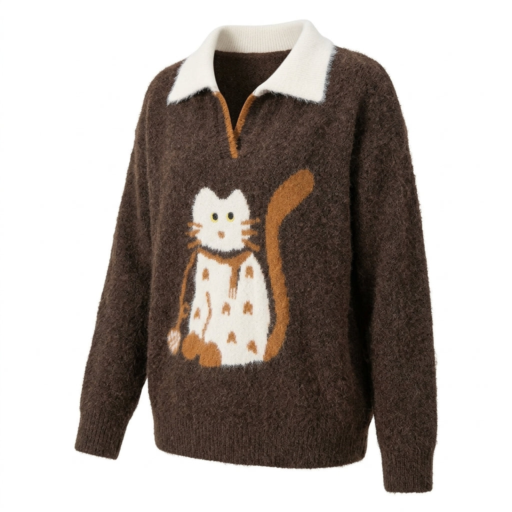 [WHOLESALE ONLY - CONTACT TO ORDER] Women's Retro Whimsical Cat Intarsia Fuzzy Knit Polo Sweater with Contrast Fleece Collar (Rich Espresso Cocoa Brown) [AW-214]