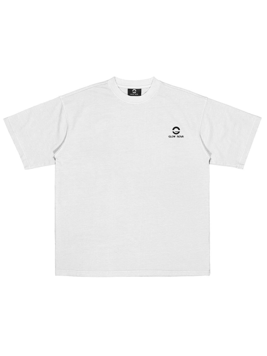 White t-shirt with a small black logo on a white background