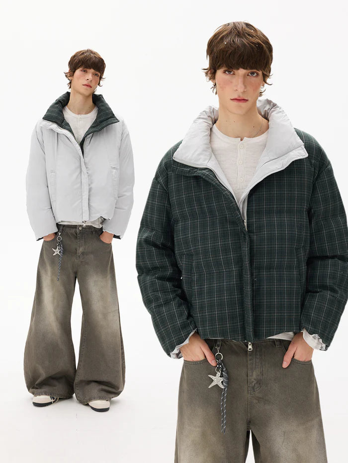 Reversible Color-Block Plaid Down Jacket [DROP2-007]