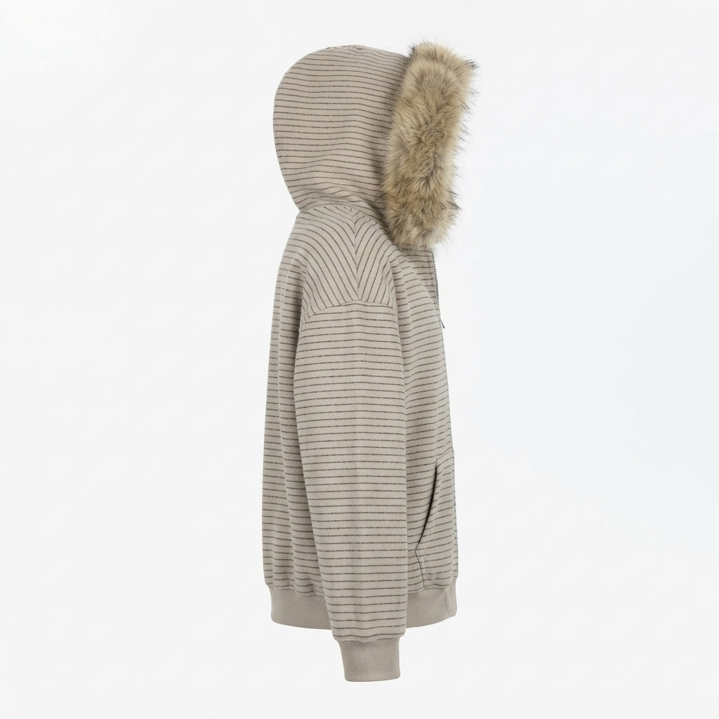 [WHOLESALE ONLY - CONTACT TO ORDER] Unisex Heavyweight 420GSM Yarn-Dyed Striped Fleece Zip-Up Hoodie with Faux Fur Trim Hood (Vintage Heather Oat & Charcoal) [AW-120]