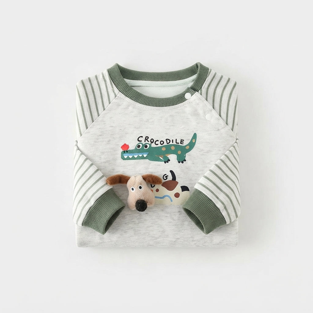 [WHOLESALE ONLY - CONTACT TO ORDER] Toddler Baby Fleece Crewneck Sweatshirt - 3D Stuffed Puppy Head & Crocodile Print Striped Raglan Sleeve Pullover[KW-137]