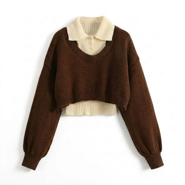 [WHOLESALE ONLY - CONTACT TO ORDER] Women's Preppy 2-in-1 Layered Cropped Knit Pullover Sweater with Ribbed Polo Collar Insert & Distressed Sleeve Details (Espresso Brown & Cream White) [AW-221]
