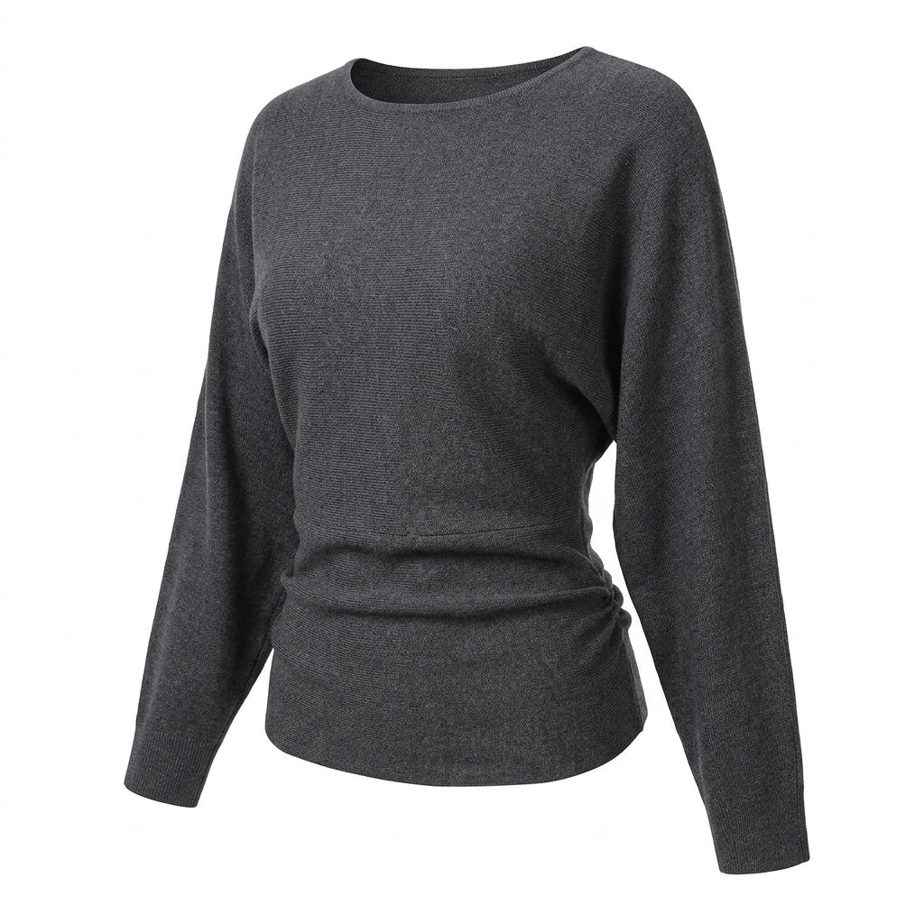 [WHOLESALE ONLY - CONTACT TO ORDER] Women's Elegant Batwing Dolman Sleeve Cinched-Waist Boatneck Pullover Sweater (Heather Charcoal Grey) [AW-217]