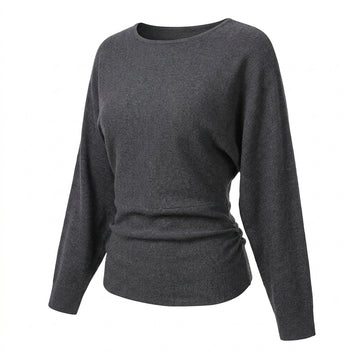 [WHOLESALE ONLY - CONTACT TO ORDER] Women's Elegant Batwing Dolman Sleeve Cinched-Waist Boatneck Pullover Sweater (Heather Charcoal Grey) [AW-217]