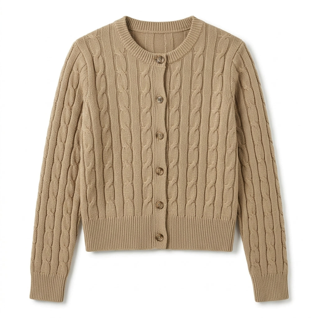 [WHOLESALE ONLY - CONTACT TO ORDER] Women's Classic Fitted Cable-Knit Crewneck Button-Front Cardigan Sweater with Tortoise Buttons (Warm Heather Camel Tan) [AW-189]