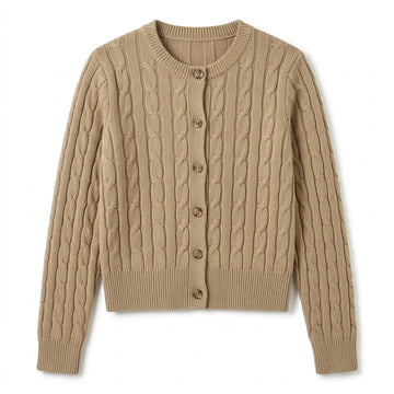 [WHOLESALE ONLY - CONTACT TO ORDER] Women's Classic Fitted Cable-Knit Crewneck Button-Front Cardigan Sweater with Tortoise Buttons (Warm Heather Camel Tan) [AW-189]