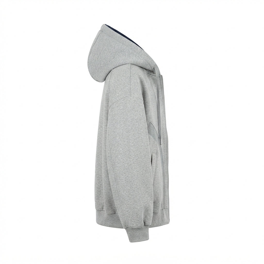 [WHOLESALE ONLY - CONTACT TO ORDER] Unisex Heavyweight 400GSM 80% Cotton Fleece Curved Arch Paneled Full-Zip Oversized Hoodie (Heather Grey & Navy) [AW-104]