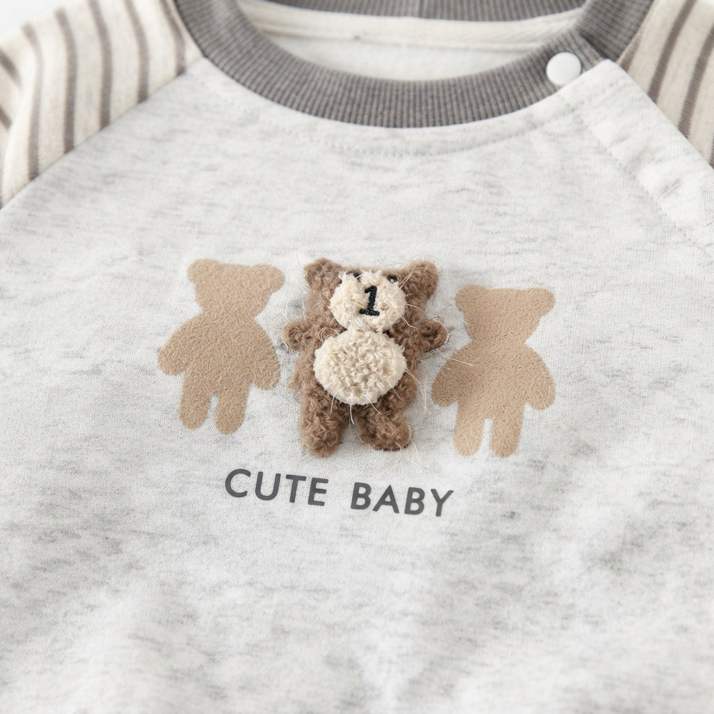 [WHOLESALE ONLY - CONTACT TO ORDER] Toddler Baby Fleece Crewneck Sweatshirt - 3D Fuzzy Teddy Bear Patchwork Striped Raglan Sleeve Pullover [KW-138]