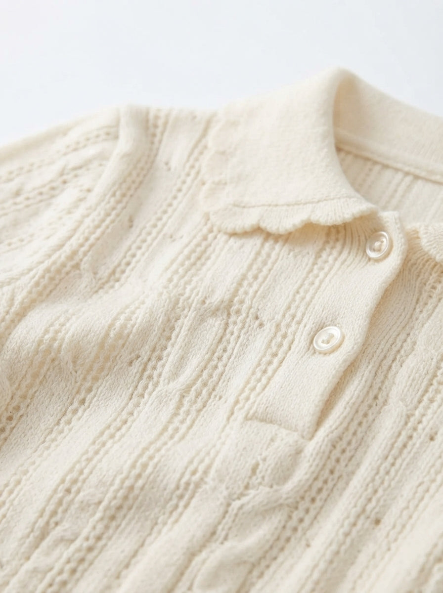 [WHOLESALE ONLY - CONTACT TO ORDER] Toddler Baby Pointelle Knit Polo Shirt & Shorts Set with Crochet Star Beanie - Soft Cotton Summer Outfit [KW-162]