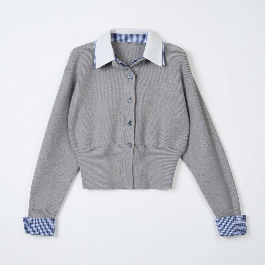 [WHOLESALE ONLY - CONTACT TO ORDER] Women's Preppy Layered Gingham Collar & Cuffs Cropped Cardigan Sweater with Wide Ribbed Waist (Heather Grey & Blue Check) [AW-123]