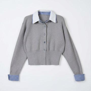 [WHOLESALE ONLY - CONTACT TO ORDER] Women's Preppy Layered Gingham Collar & Cuffs Cropped Cardigan Sweater with Wide Ribbed Waist (Heather Grey & Blue Check) [AW-123]