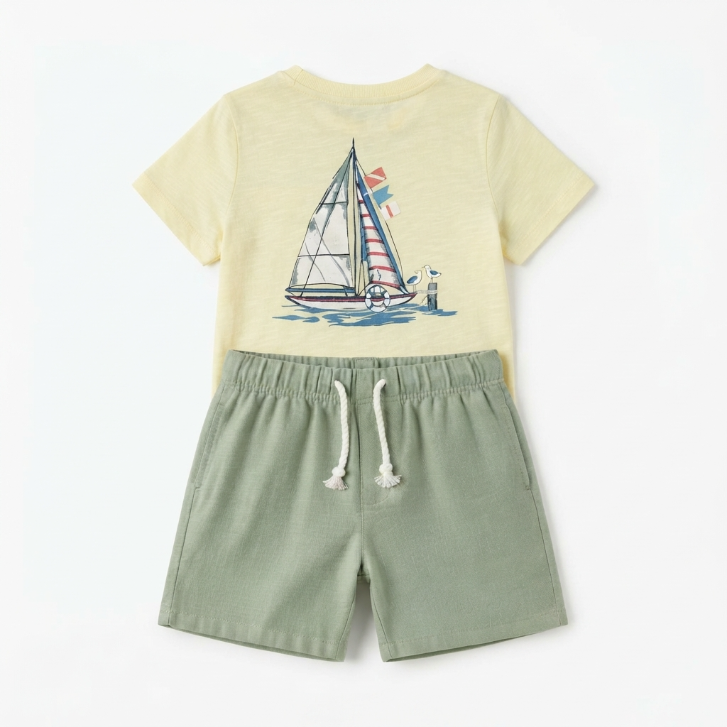[WHOLESALE ONLY - CONTACT TO ORDER] Toddler & Boys 2-Piece Summer Sailboat Graphic T-Shirt & Sage Green Cotton Shorts Set - Catalog Display Only (Do Not Order Directly)