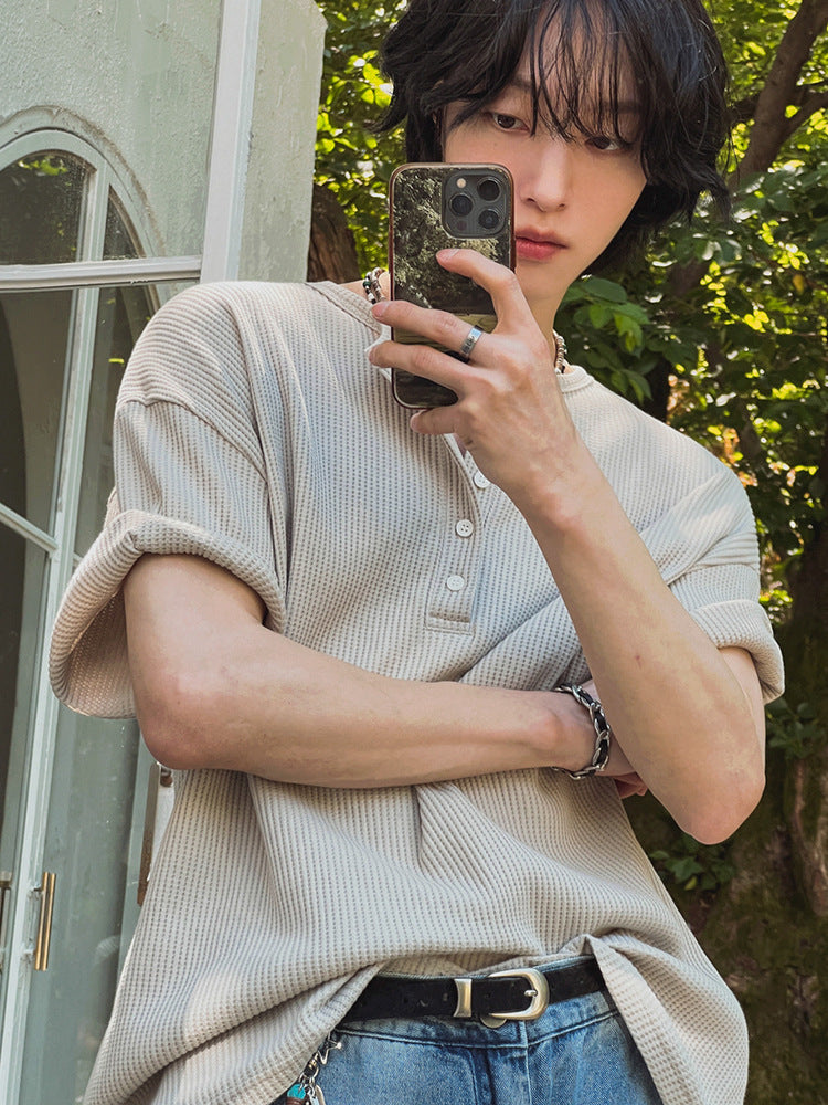 Men’s Henley T-Shirt, Loose Fit Short Sleeve Tee, Summer Casual Top, Korean Style Minimalist Everyday Wear[NA-018]