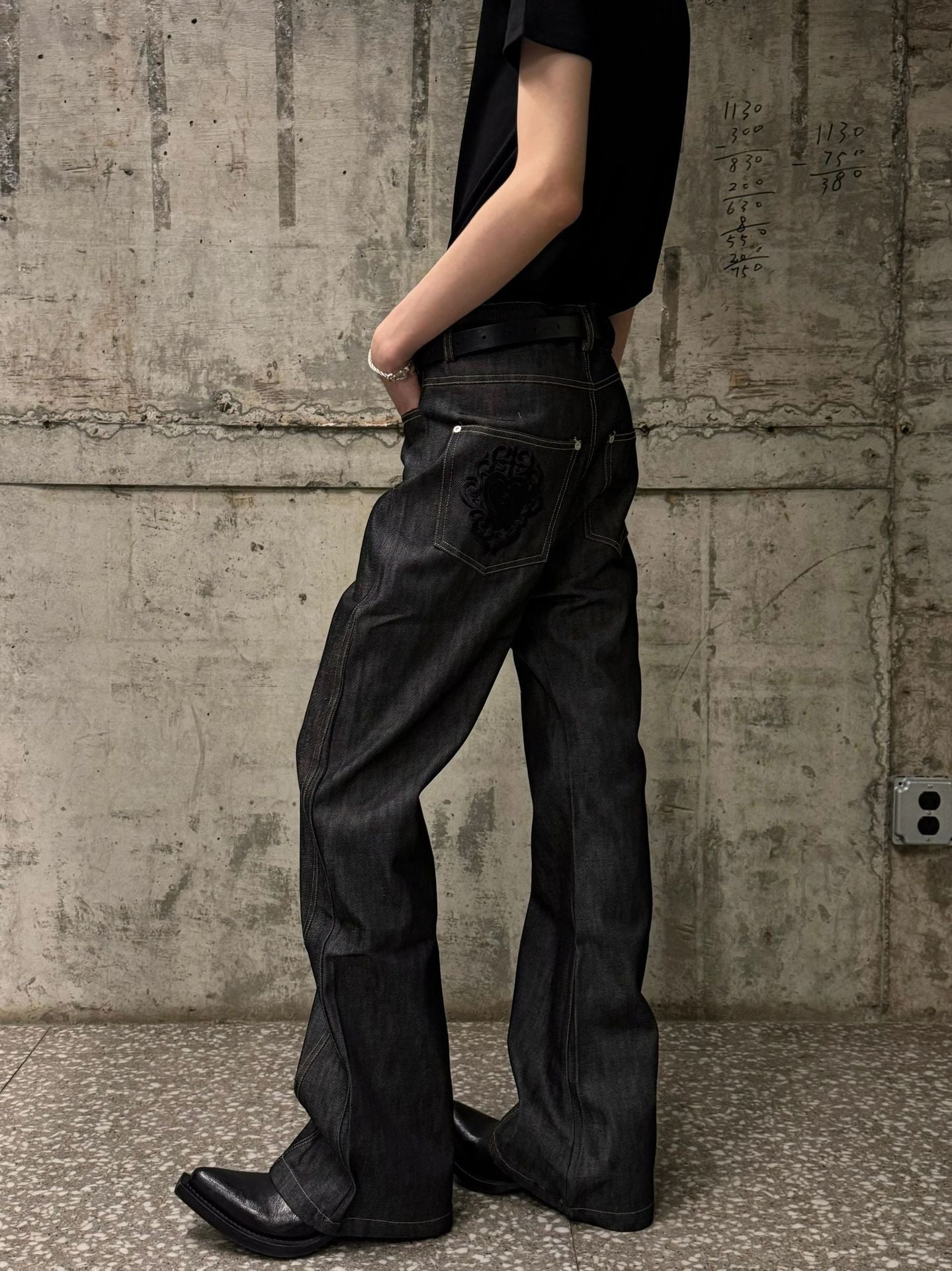 Men’s Raw Denim Flared Jeans – Embroidered Bootcut Pants[NA-015]