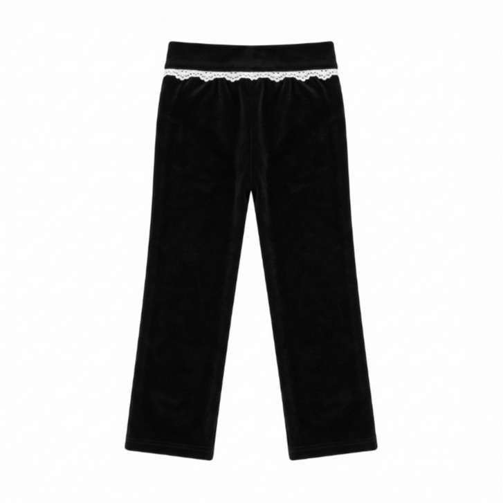 [WHOLESALE ONLY - CONTACT TO ORDER] Girls Black Velour Zip Hoodie and Lace-Trim Flared Sweatpants 2-Piece Tracksuit Set - Soft Cotton Blend Loungewear (Do Not Order Directly)