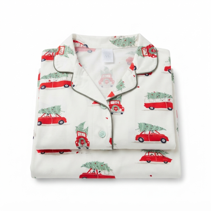 [WHOLESALE ONLY - CONTACT TO ORDER] Women's Christmas Vintage Red Truck Print Pajama Set 2-Piece Short Sleeve Button-Down Top and Pants - Do Not Buy Direct