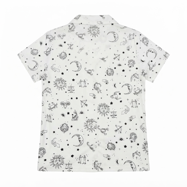 [WHOLESALE ONLY - CONTACT TO ORDER] Women's Celestial Zodiac Print Pajama Set 2-Piece Short Sleeve Notch Collar Top and Pants - Do Not Buy Direct