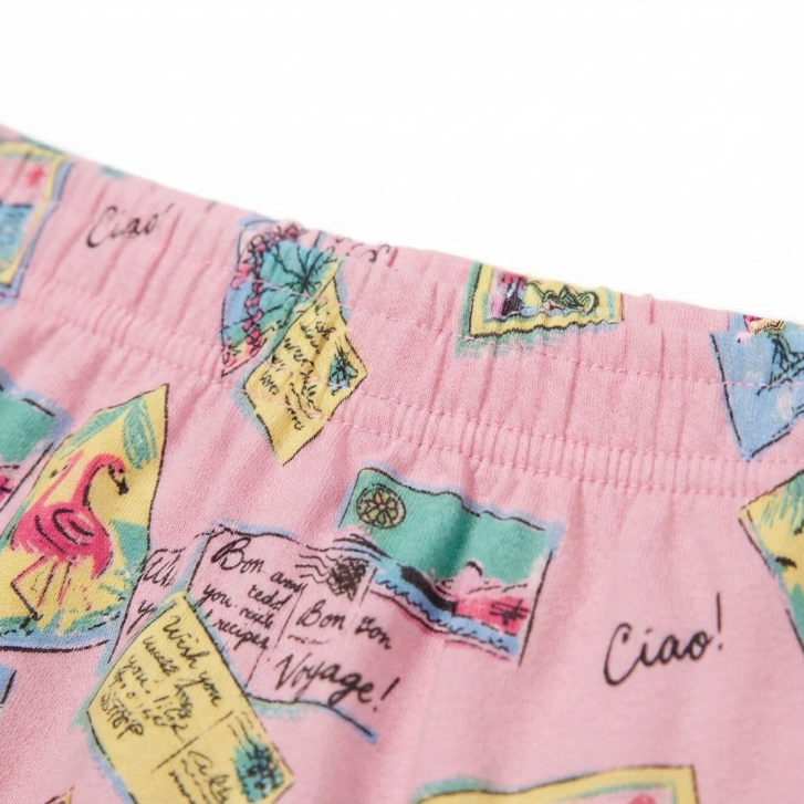 [WHOLESALE ONLY - CONTACT TO ORDER] Women's Travel Postcard Print Ruffle Pajama Set 2-Piece Short Sleeve Button-Down Top and Pants - Do Not Buy Direct