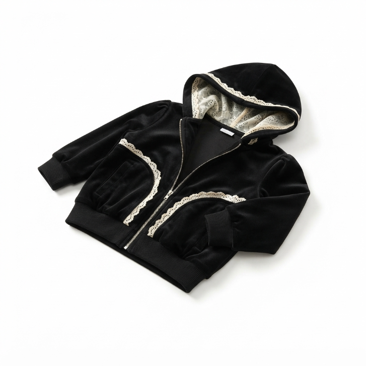 [WHOLESALE ONLY - CONTACT TO ORDER] Toddler & Girls Black Velour Zip-Up Hoodie & Foldover Flare Pants 2-Piece Set with Crochet Lace Trim - Catalog Display Only (Do Not Order Directly)