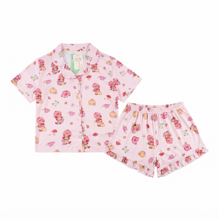 [WHOLESALE ONLY - CONTACT TO ORDER] Women's Strawberry Shortcake Fall Harvest Pajama Set 2-Piece Ruffle Trim Button-Down Top and Shorts Pink - Do Not Buy Direct