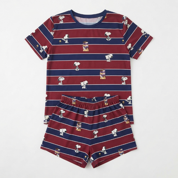 [WHOLESALE ONLY - CONTACT TO ORDER] Women's Snoopy Striped Short Pajama Set 2-Piece Cotton Blend Loungewear T-Shirt and Shorts - Do Not Buy Direct
