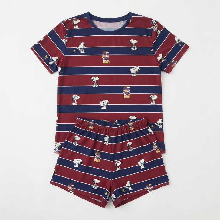 [WHOLESALE ONLY - CONTACT TO ORDER] Women's Snoopy Striped Short Pajama Set 2-Piece Cotton Blend Loungewear T-Shirt and Shorts - Do Not Buy Direct