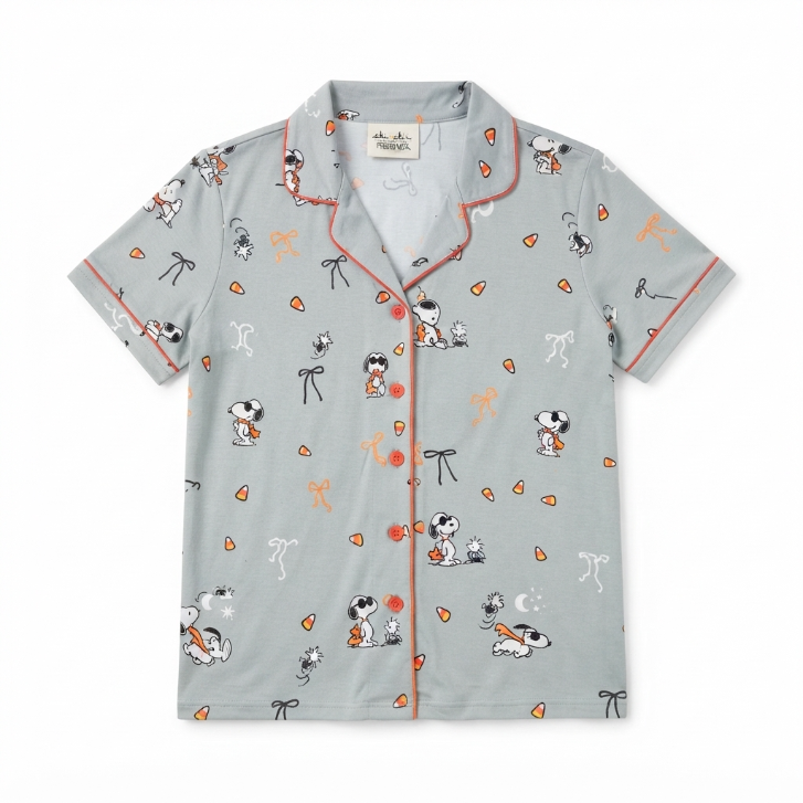 [WHOLESALE ONLY - CONTACT TO ORDER] Women's Halloween Snoopy Vampire Pajama Set 2-Piece Short Sleeve Button-Down Top and Shorts Grey - Do Not Buy Direct