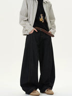Unisex Vintage Black Denim Scimitar-Cut Wide-Leg Pants [DROP2-008]