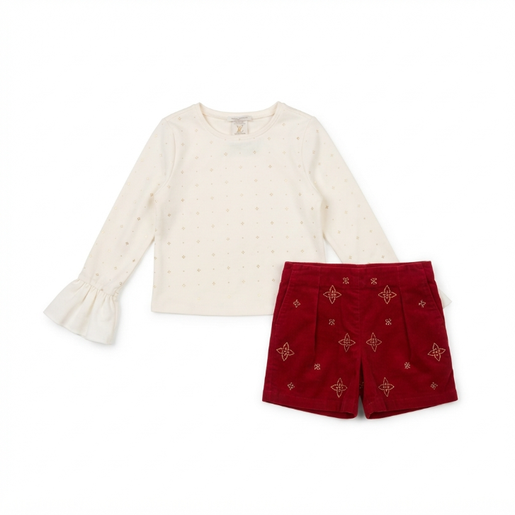 [WHOLESALE ONLY - CONTACT TO ORDER] Toddler & Girls Holiday 2-Piece Rhinestone Ribbed Knit Top & Red Velvet Shorts Set - Catalog Display Only (Do Not Order Directly)