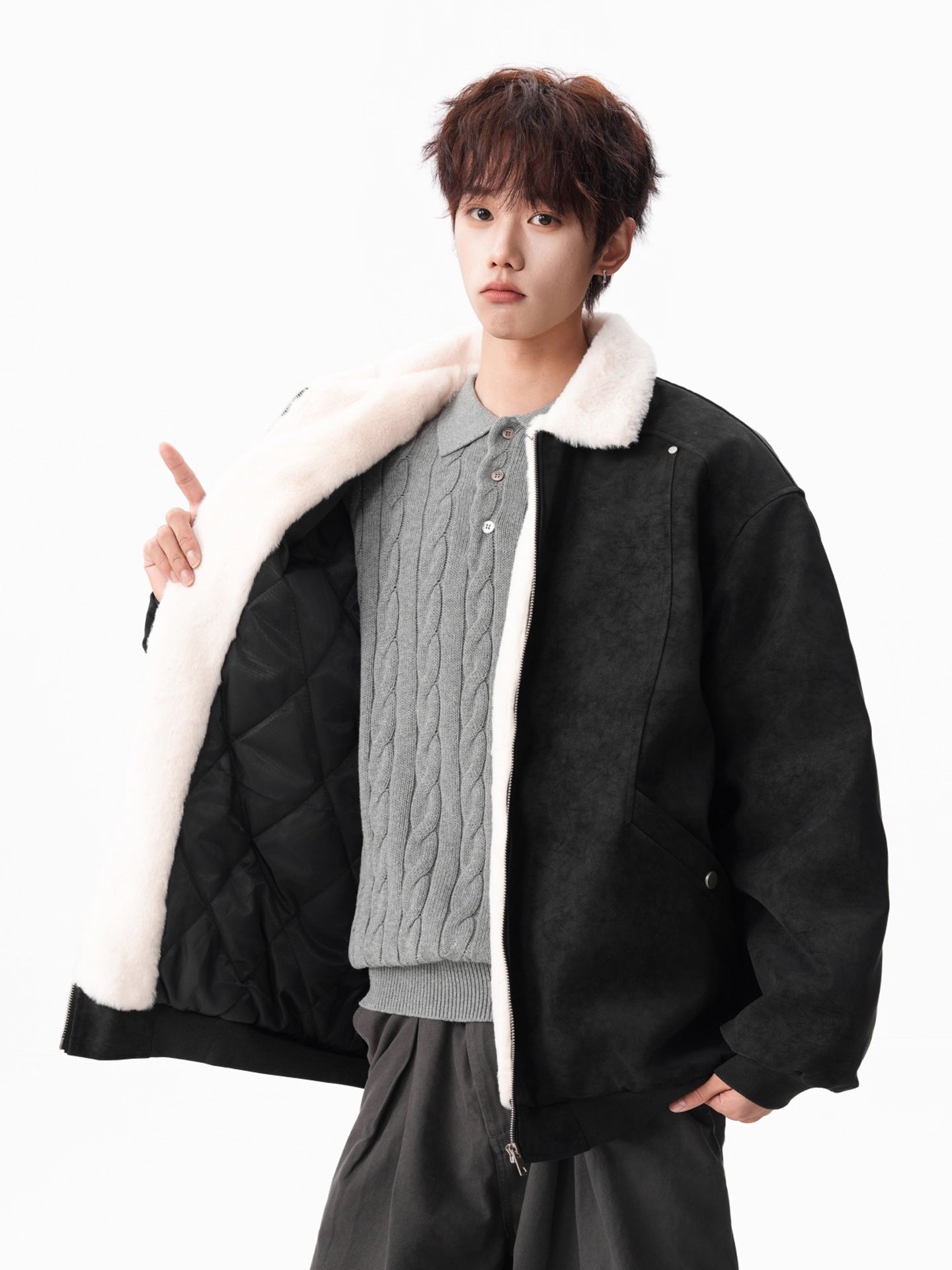 American-Style PU Leather Jacket with Sherpa Lining[DROP3-018]