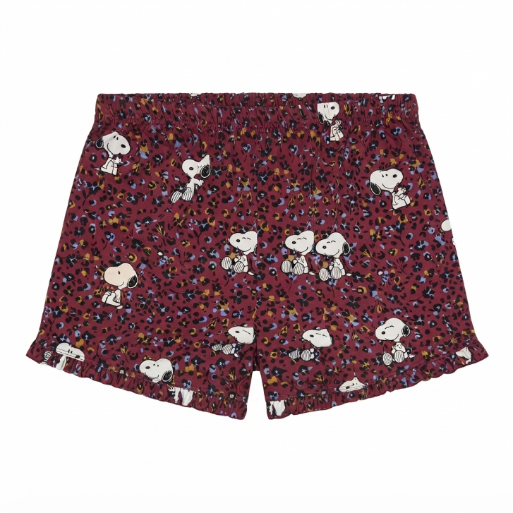 [WHOLESALE ONLY - CONTACT TO ORDER] Women's Snoopy Ditsy Leopard Print Pajama Set 2-Piece Short Sleeve Button-Down Top and Ruffle Shorts Burgundy - Do Not Buy Direct