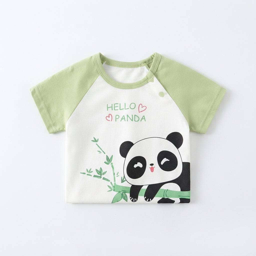 [WHOLESALE ONLY - CONTACT TO ORDER] Toddler Baby Raglan Short Sleeve T-Shirt - Cute Cartoon Panda on Bamboo Branch "HELLO PANDA" Graphic Cotton Tee [KW-142]