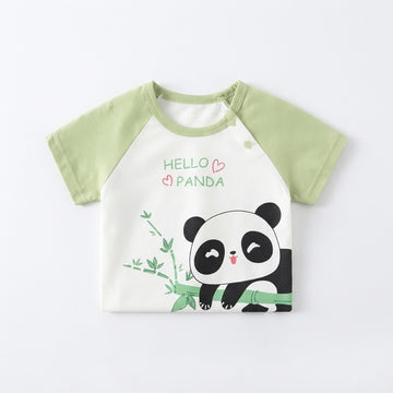 [WHOLESALE ONLY - CONTACT TO ORDER] Toddler Baby Raglan Short Sleeve T-Shirt - Cute Cartoon Panda on Bamboo Branch "HELLO PANDA" Graphic Cotton Tee [KW-142]