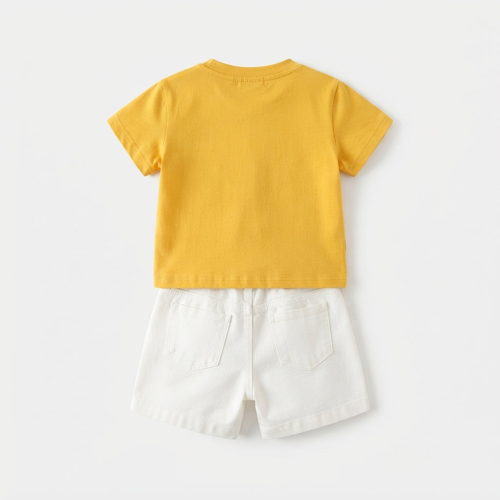 [WHOLESALE ONLY - CONTACT TO ORDER] Toddler Boys Summer 100% Cotton Graphic T-Shirt & Chino Shorts Set - Mustard Yellow Scribble Duck Casual Loungewear [KW-159]