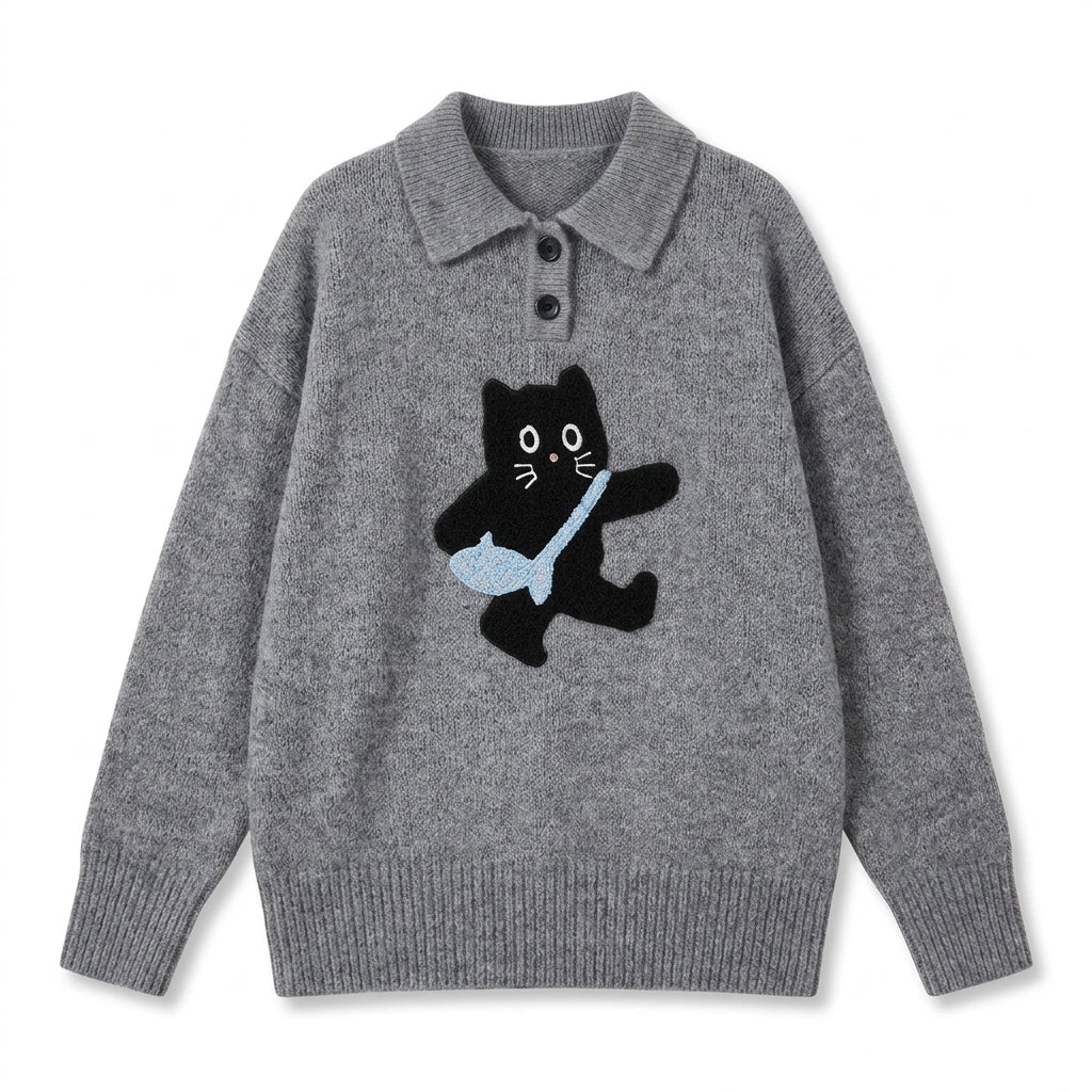 [WHOLESALE ONLY - CONTACT TO ORDER] Women's / Unisex Whimsical Messenger Black Cat Chenille Patch Knit Polo Sweater with Ribbed Collar (Heather Medium Grey) [AW-228]