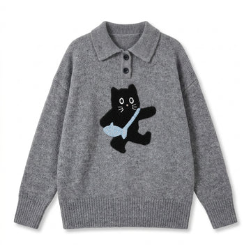 [WHOLESALE ONLY - CONTACT TO ORDER] Women's / Unisex Whimsical Messenger Black Cat Chenille Patch Knit Polo Sweater with Ribbed Collar (Heather Medium Grey) [AW-228]