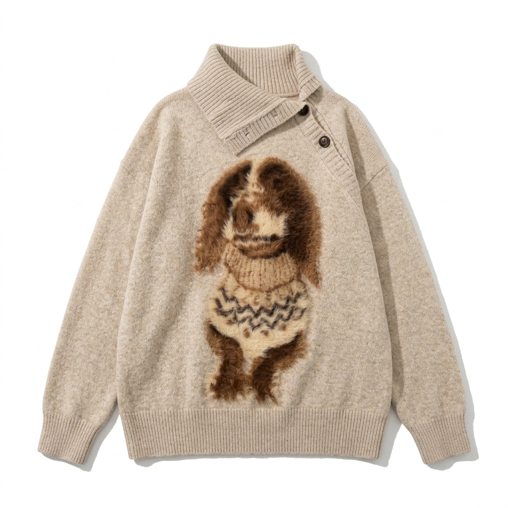 [WHOLESALE ONLY - CONTACT TO ORDER] Women's / Unisex Cozy Asymmetric Buttoned Fold-Over Collar Knit Sweater with 3D Fuzzy Puppy in Fair Isle Vest Graphic (Heather Oatmeal Beige) [AW-236]